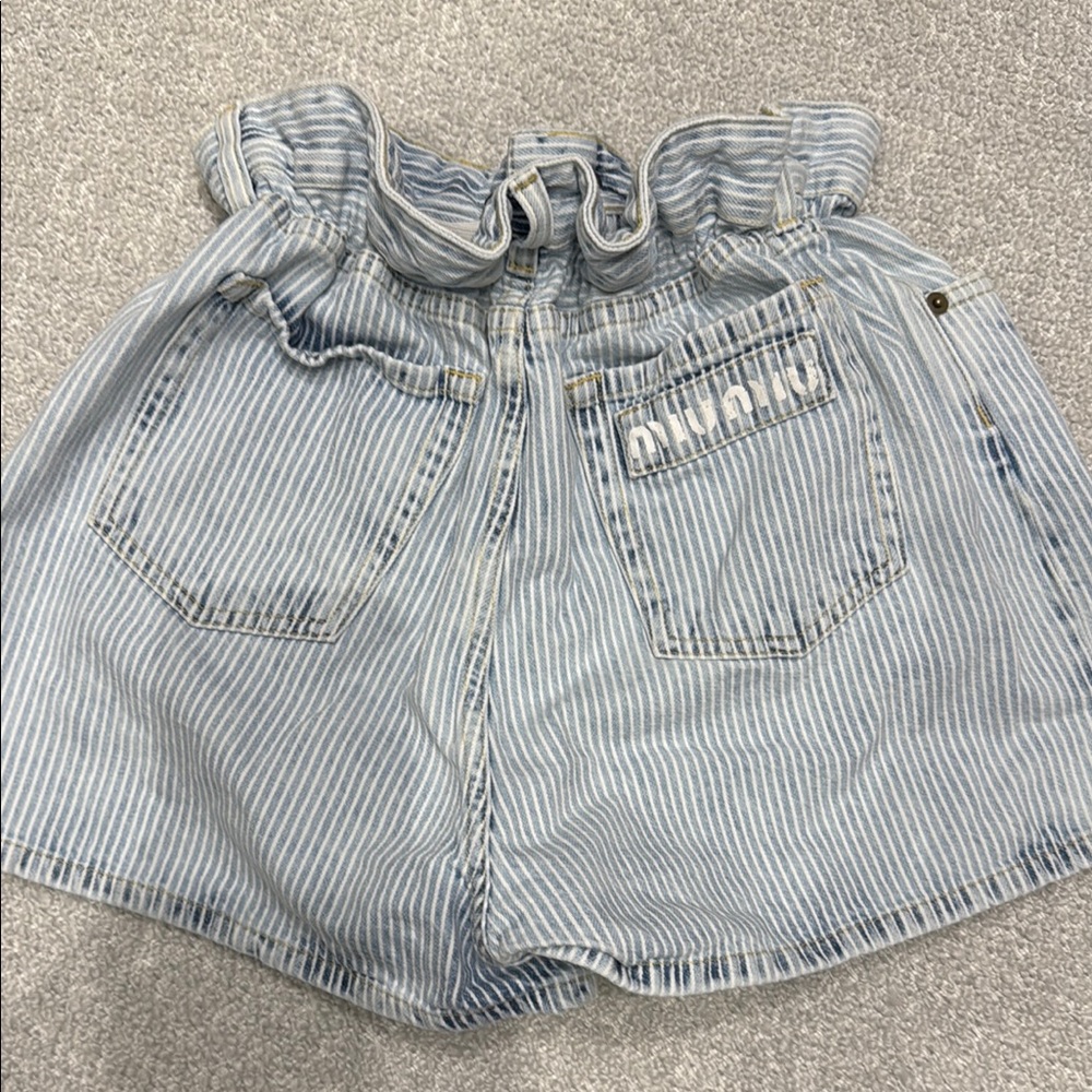 Miu Miu Striped Paperbag Waist Denim Shorts. 25